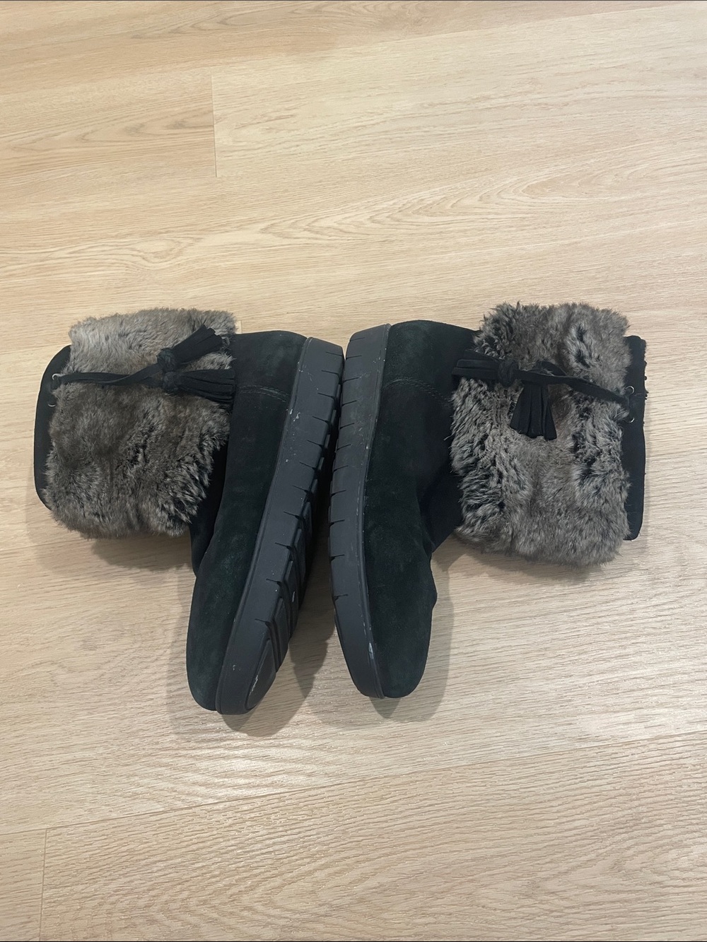 Aquatalia Black Suede Ankle Boots with Gray Faux Fur Cuff